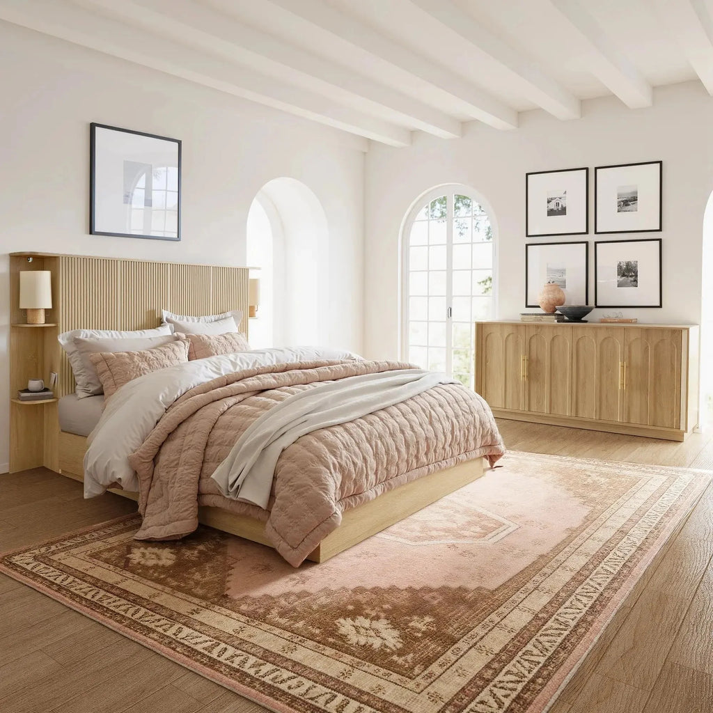 FORTUNETECModern Oak Fluted Queen Headboard with Storage Shelf – Warm Farmhouse Style Design
