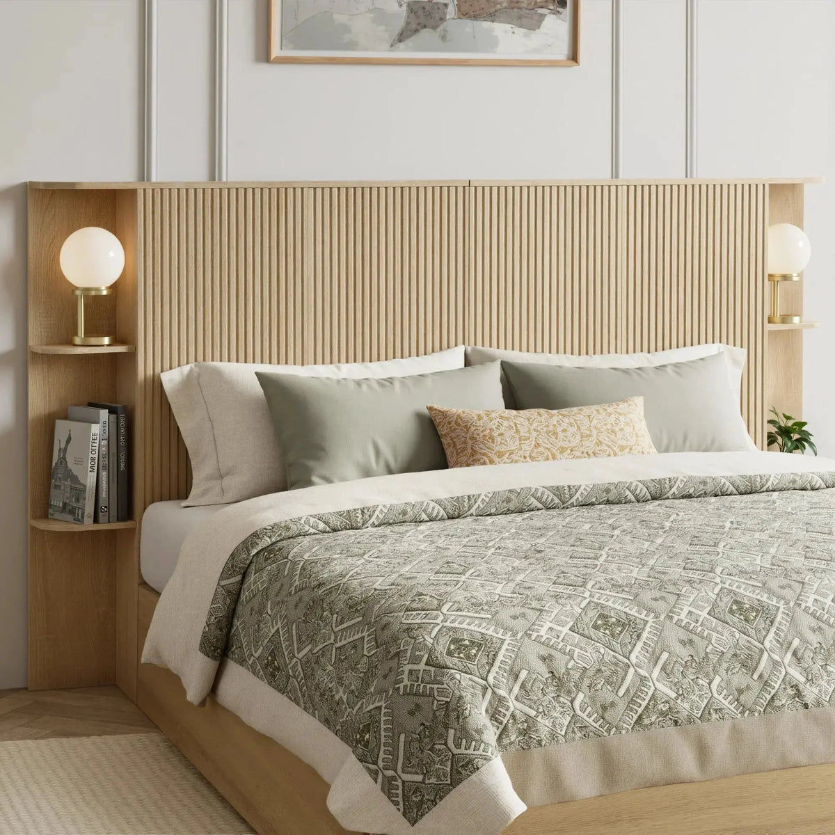 FORTUNETECModern Oak Fluted Queen Headboard with Storage Shelf – Warm Farmhouse Style Design