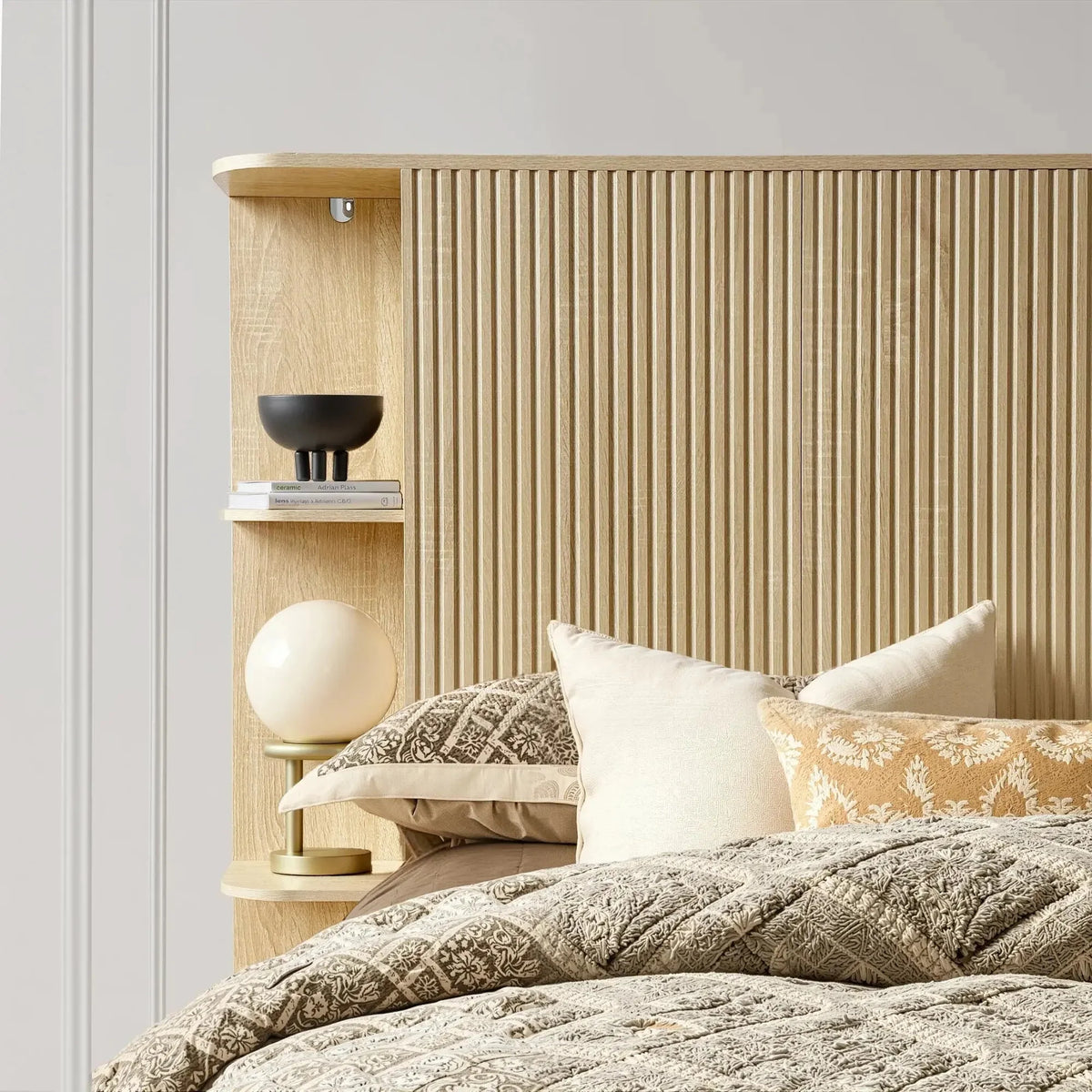 FORTUNETECModern Oak Fluted Queen Headboard with Storage Shelf – Warm Farmhouse Style Design