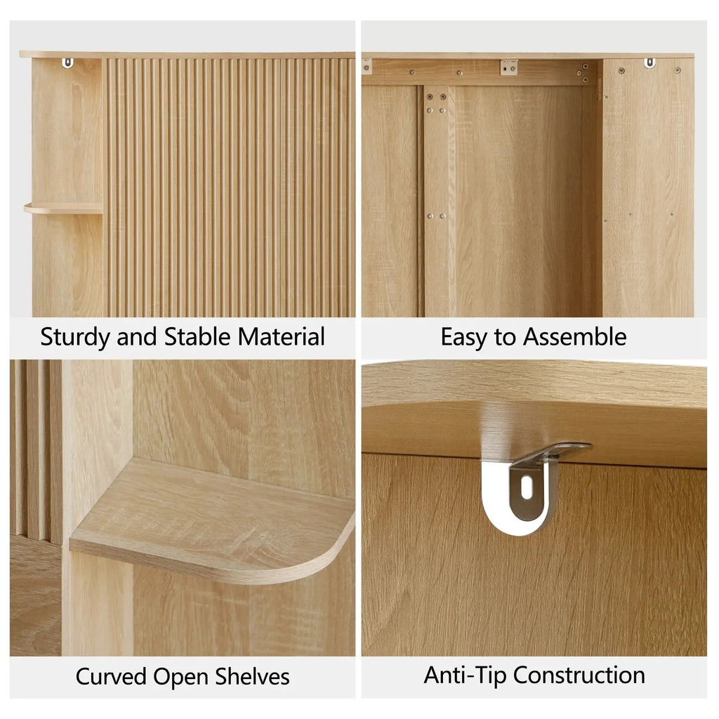 FORTUNETECModern Oak Fluted Queen Headboard with Storage Shelf – Warm Farmhouse Style Design