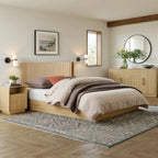 FORTUNETECModern Oak Fluted Queen Headboard with Wingback Panels – Farmhouse Style