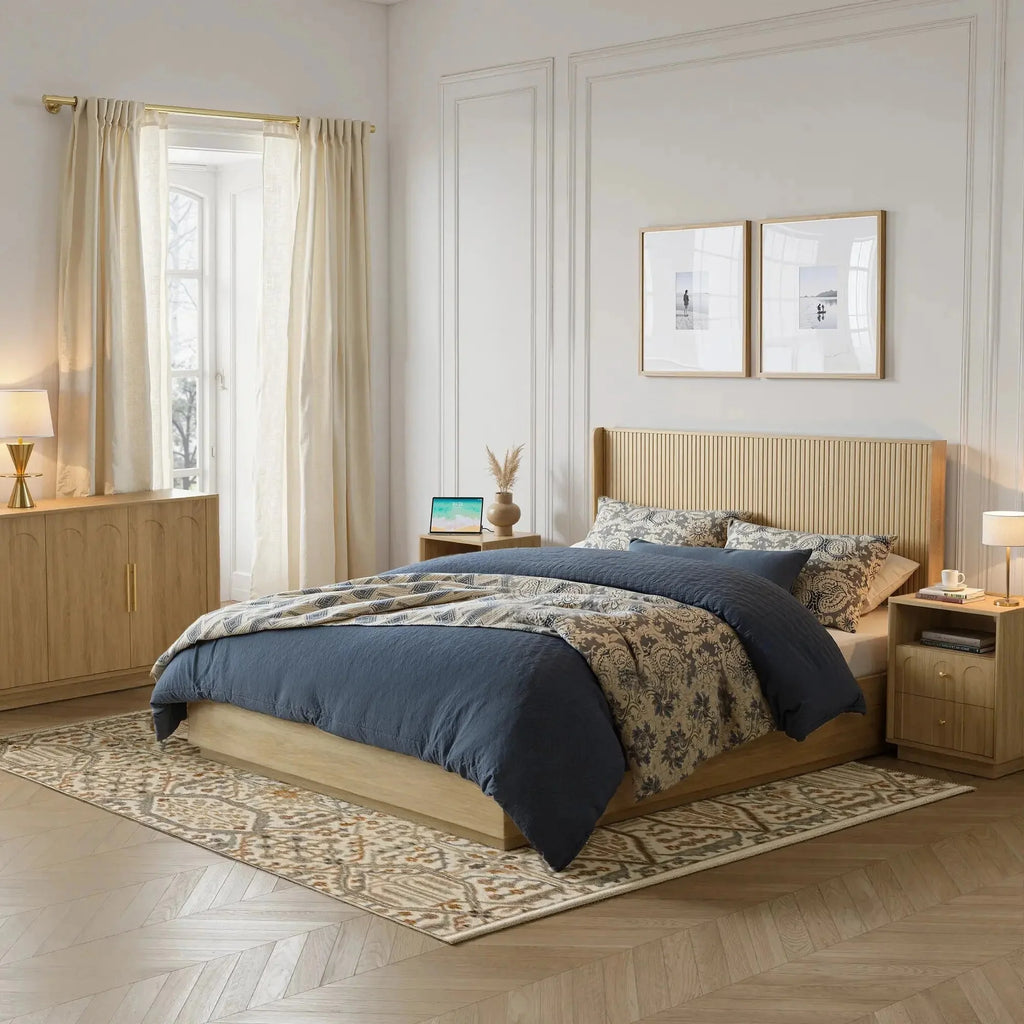 FORTUNETECModern Oak Fluted Queen Headboard with Wingback Panels – Farmhouse Style