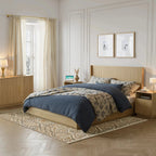 FORTUNETECModern Oak Fluted Queen Headboard with Wingback Panels – Farmhouse Style