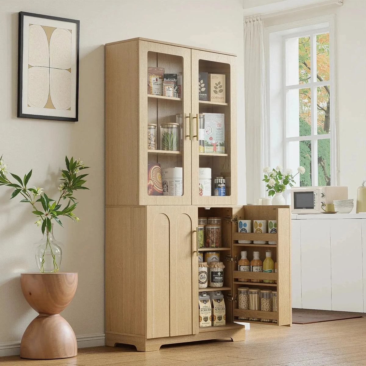 FORTUNETECModern Oak Pantry Cabinet with Arched Glass Doors – Tall Freestanding Storage for Kitchen & Dining Room
