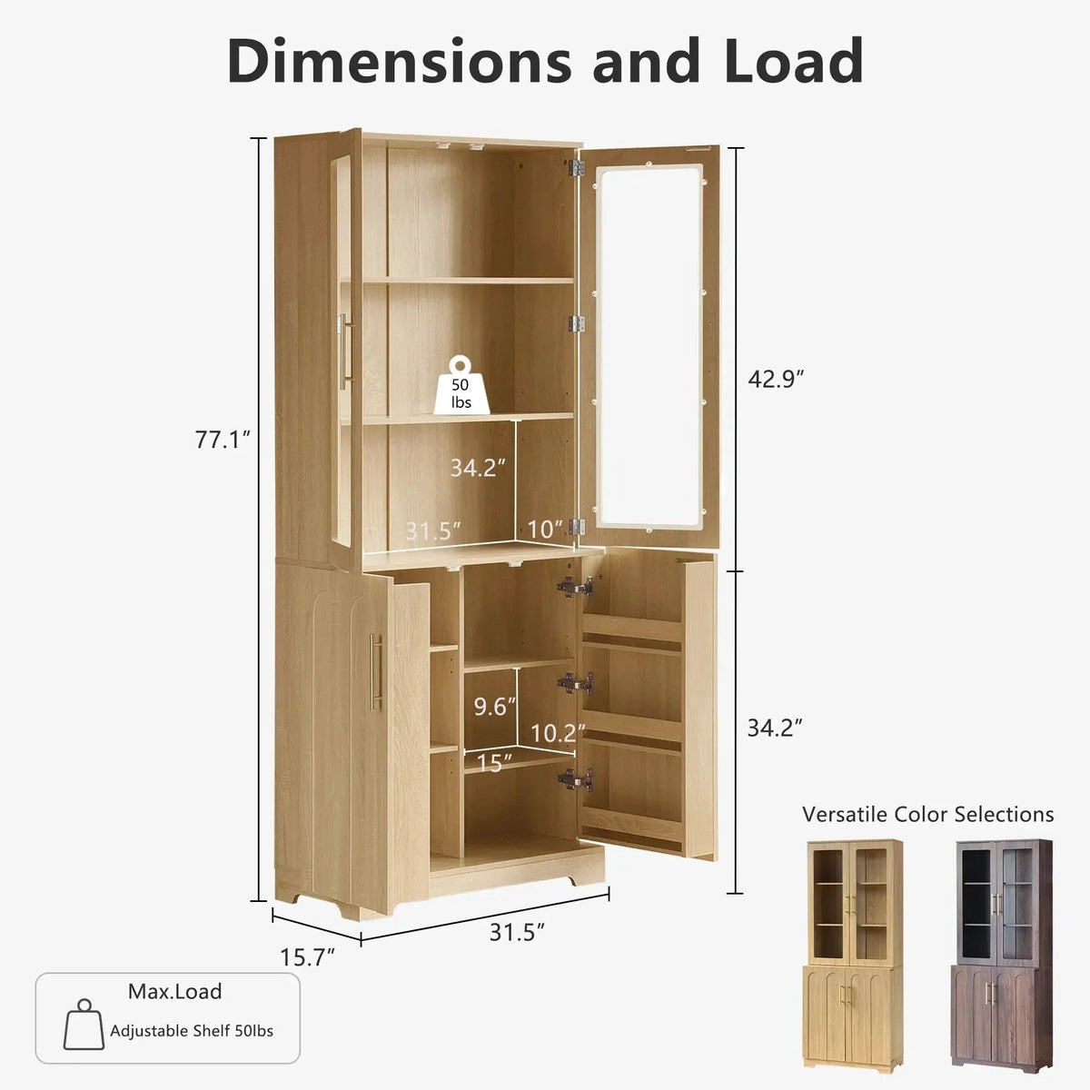 FORTUNETECModern Oak Pantry Cabinet with Arched Glass Doors – Tall Freestanding Storage for Kitchen & Dining Room