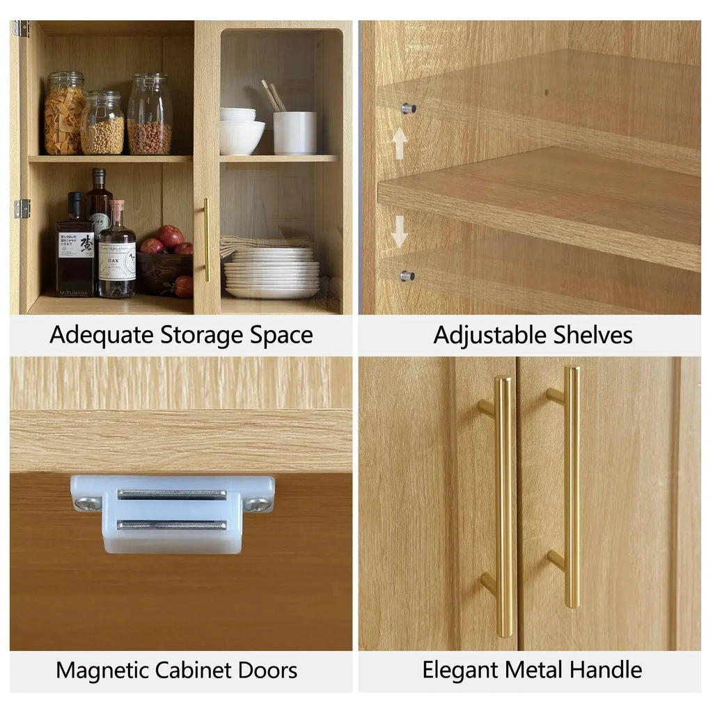 FORTUNETECModern Oak Pantry Cabinet with Arched Glass Doors – Tall Freestanding Storage for Kitchen & Dining Room