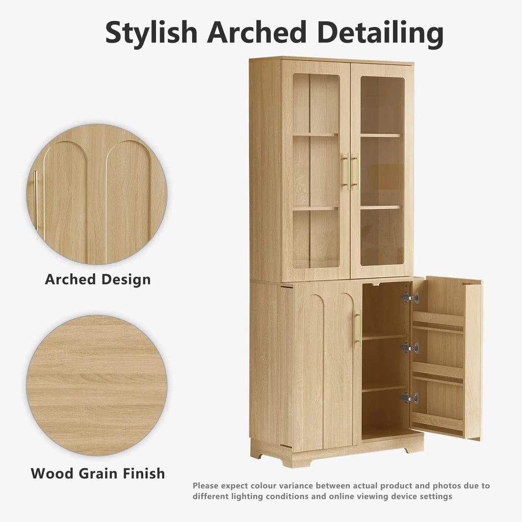 FORTUNETECModern Oak Pantry Cabinet with Arched Glass Doors – Tall Freestanding Storage for Kitchen & Dining Room