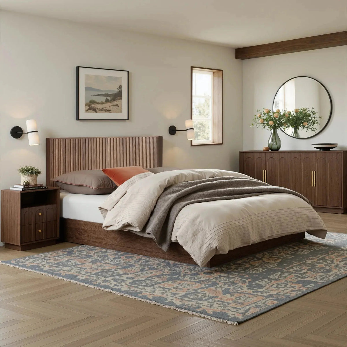 FORTUNETECModern Walnut Fluted Headboard with Wingback Panels – Farmhouse Style
