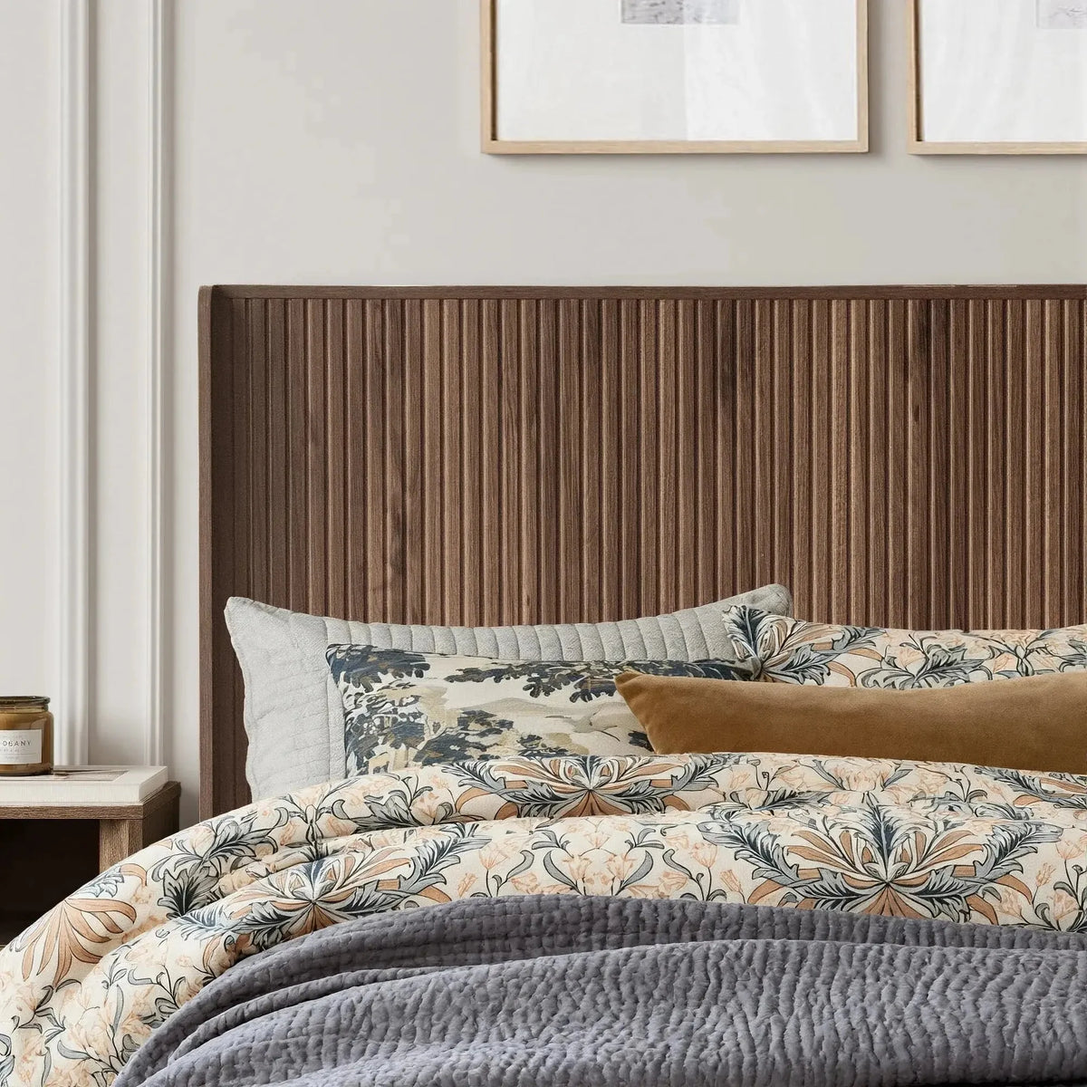 FORTUNETECModern Walnut Fluted Headboard with Wingback Panels – Farmhouse Style
