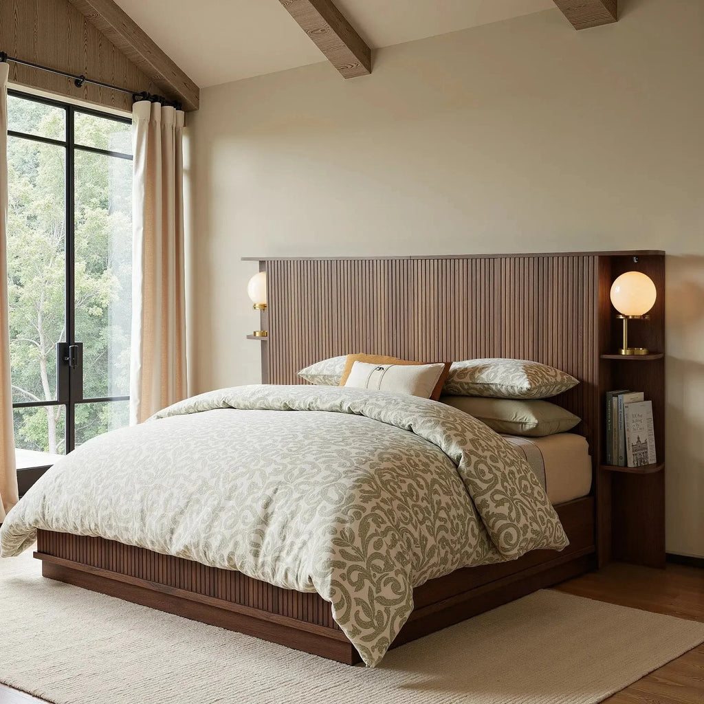 FORTUNETECModern Walnut Fluted Queen Headboard with Storage Shelf – Warm Farmhouse Style Design