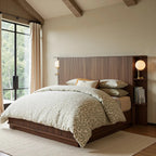 FORTUNETECModern Walnut Fluted Queen Headboard with Storage Shelf – Warm Farmhouse Style Design