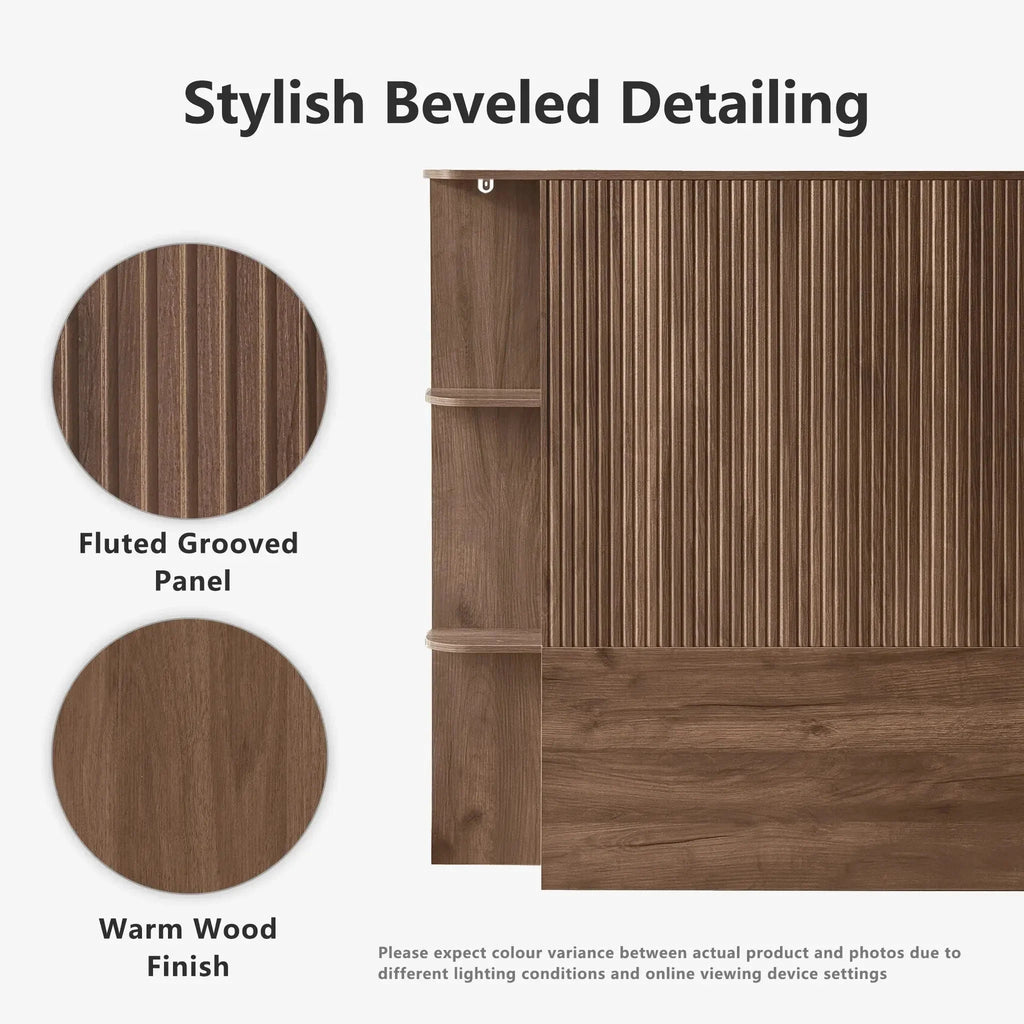 FORTUNETECModern Walnut Fluted Queen Headboard with Storage Shelf – Warm Farmhouse Style Design
