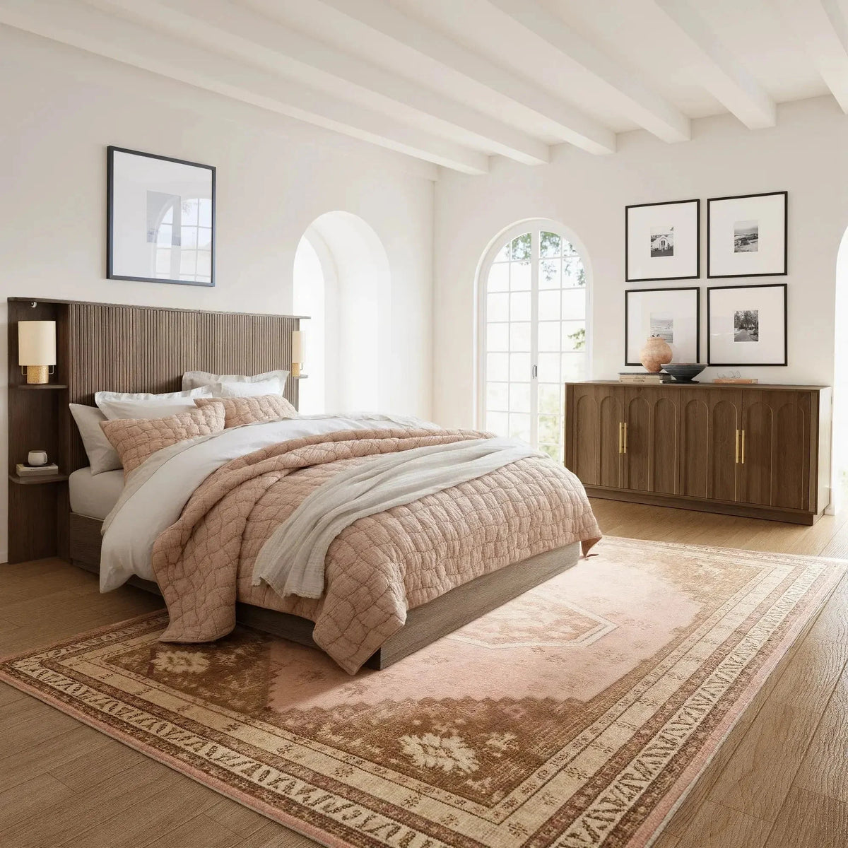 FORTUNETECModern Walnut Fluted Queen Headboard with Storage Shelf – Warm Farmhouse Style Design