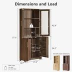 FORTUNETECModern Walnut Pantry Cabinet with Arched Glass Doors – Tall Freestanding Storage for Kitchen & Dining Room