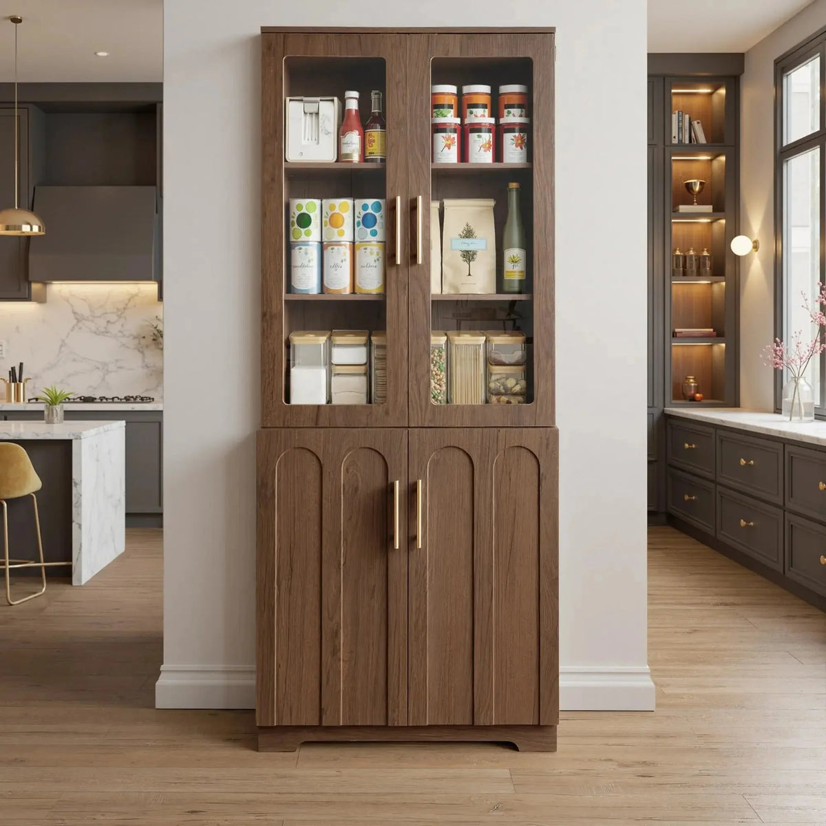FORTUNETECModern Walnut Pantry Cabinet with Arched Glass Doors – Tall Freestanding Storage for Kitchen & Dining Room