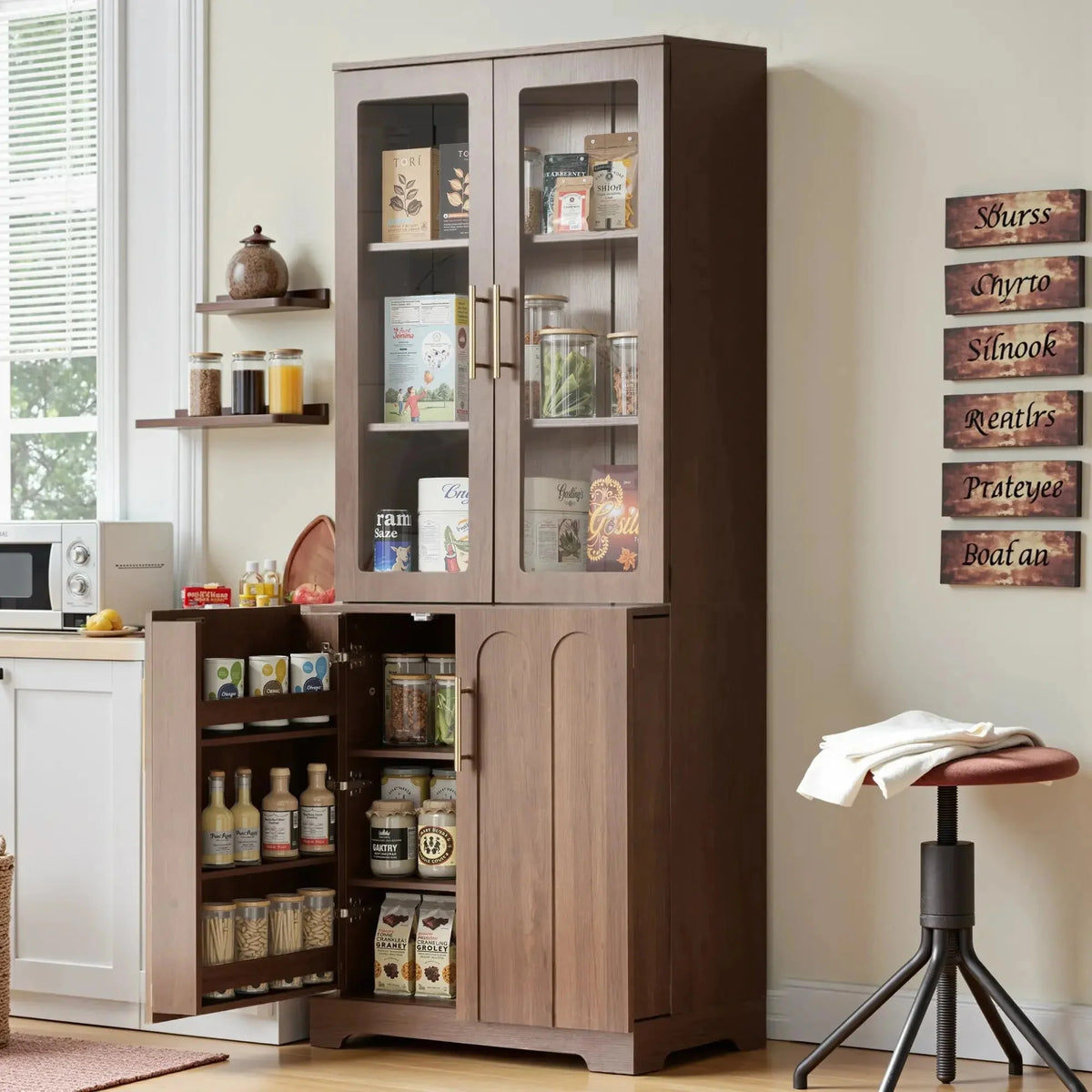 FORTUNETECModern Walnut Pantry Cabinet with Arched Glass Doors – Tall Freestanding Storage for Kitchen & Dining Room