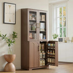 FORTUNETECModern Walnut Pantry Cabinet with Arched Glass Doors – Tall Freestanding Storage for Kitchen & Dining Room