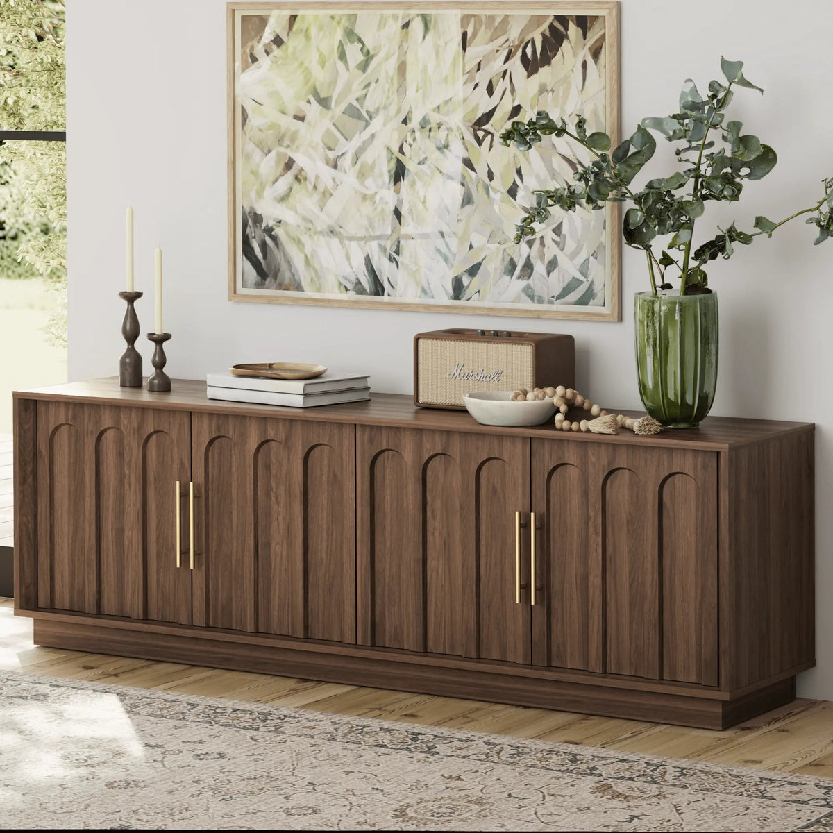 FORTUNETECWalnut Arched TV Stand – Mid - Century Modern Style