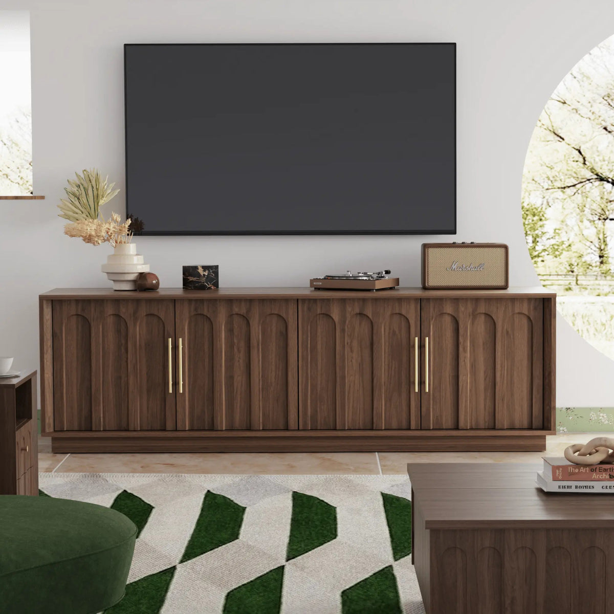 FORTUNETECWalnut Arched TV Stand – Mid - Century Modern Style