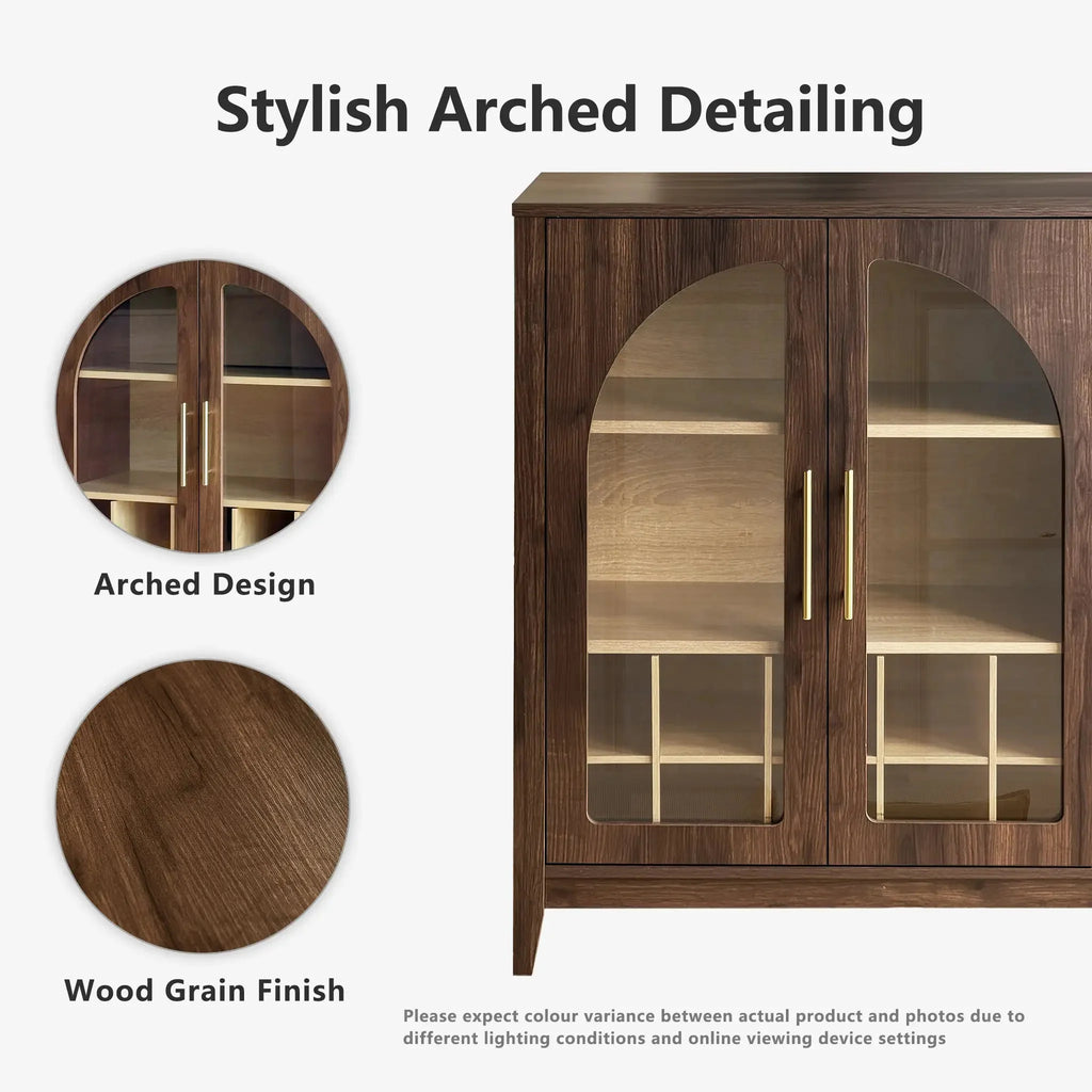 FORTUNETECWalnut Wine Bar Cabinet with Glass Doors & Wine Rack – Mid Century Modern Liquor Sideboard with Storage
