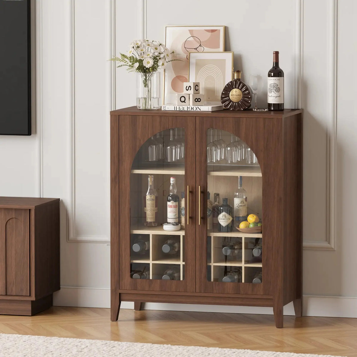 FORTUNETECWalnut Wine Bar Cabinet with Glass Doors & Wine Rack – Mid Century Modern Liquor Sideboard with Storage