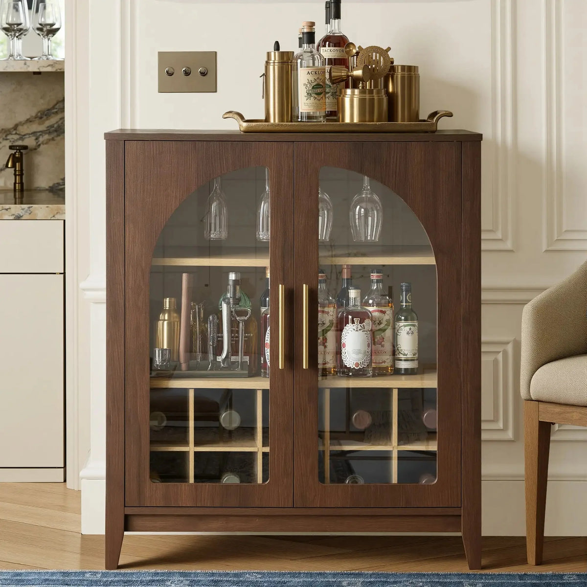 FORTUNETECWalnut Wine Bar Cabinet with Glass Doors & Wine Rack – Mid Century Modern Liquor Sideboard with Storage