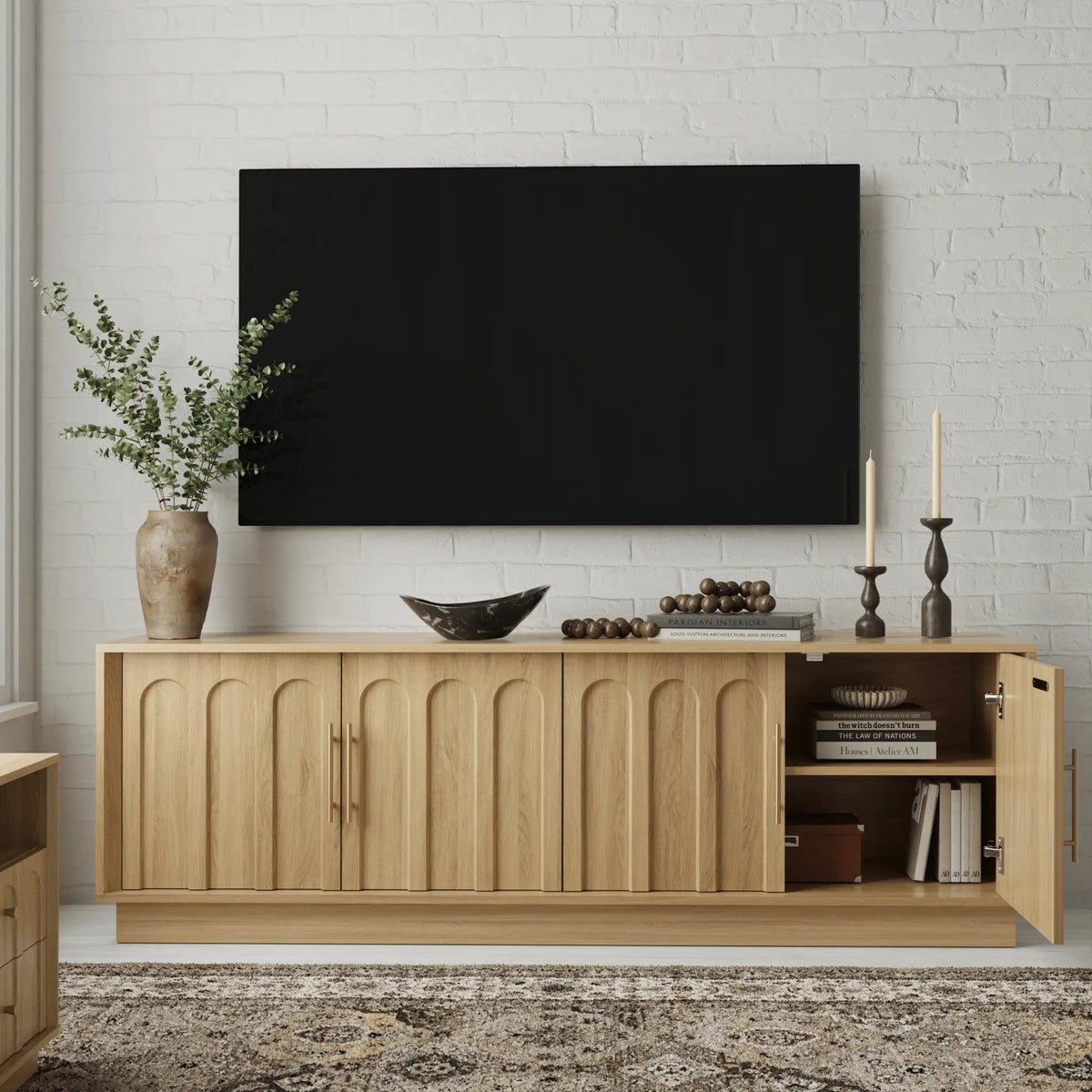 FORTUNETECWhite Oak Arched TV Stand – Mid - Century Modern Style